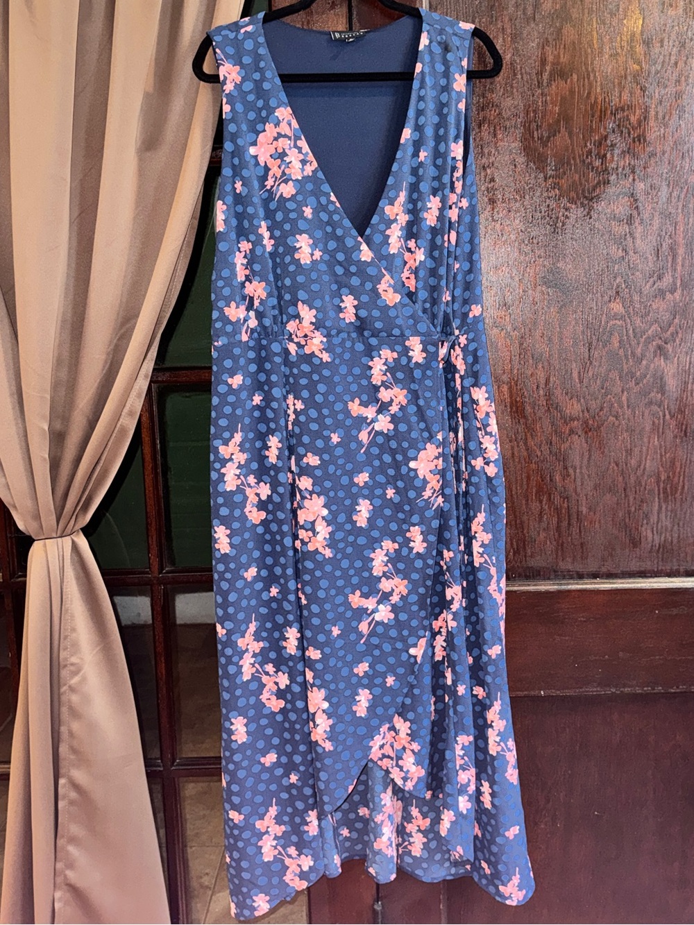 bobeau Navy Wrap Midi Dress with Pink Floral Print